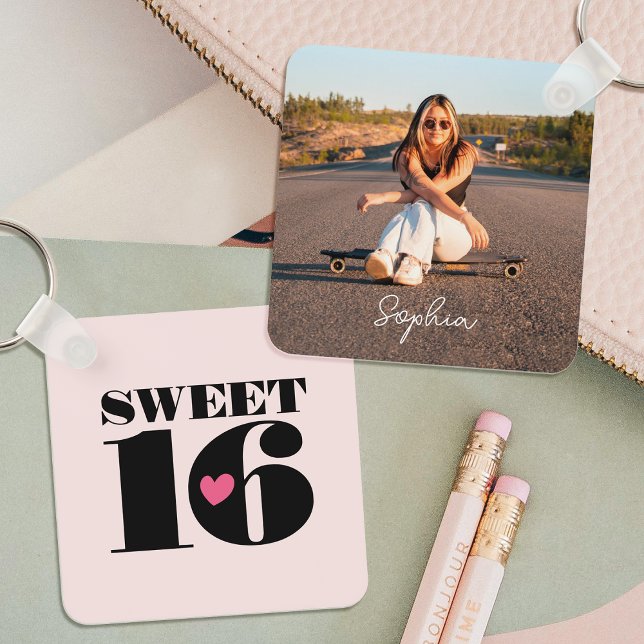 Retro Sweet 16 Birthday Teen Name Photo Pink Key Ring (Creator Uploaded)