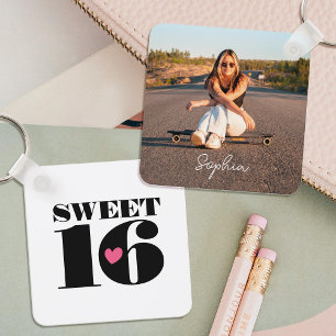 Retro Sweet 16 Birthday Teen Name Photo White Key Ring