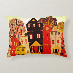 Retro Sweet Home Poster: Cartoon Houses Decorative Cushion