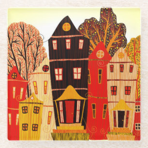 Retro Sweet Home Poster: Cartoon Houses Glass Coaster