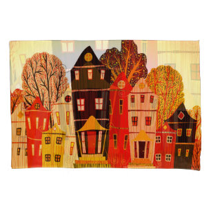 Retro Sweet Home Poster: Cartoon Houses Pillowcase
