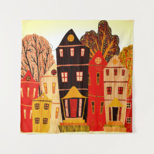 Retro Sweet Home Poster: Cartoon Houses Tapestry