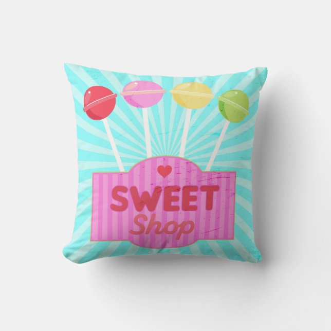 Retro Sweet Shop Pastel Candy Lollipops on Stripes Cushion (Front)
