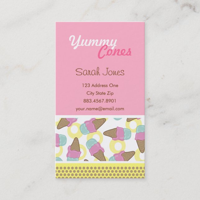 Retro Sweet Strawberry + Mint Ice Cream Dessert Business Card (Front)