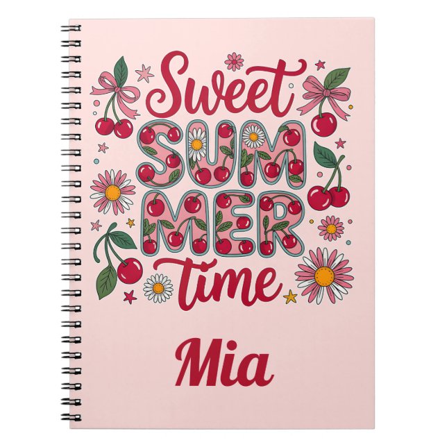 Retro Sweet Summer Time Cherries Daisies Coquette Notebook (Front)