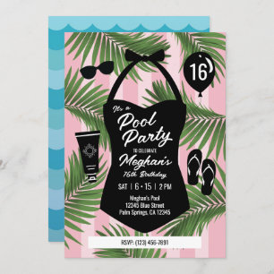 Retro Swimsuit Sweet 16 Pool Party Invite (Pink)