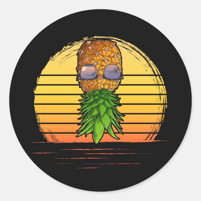Retro Swinger Upside Down Pineapple Sunset Horizon Classic Round Sticker (Front)