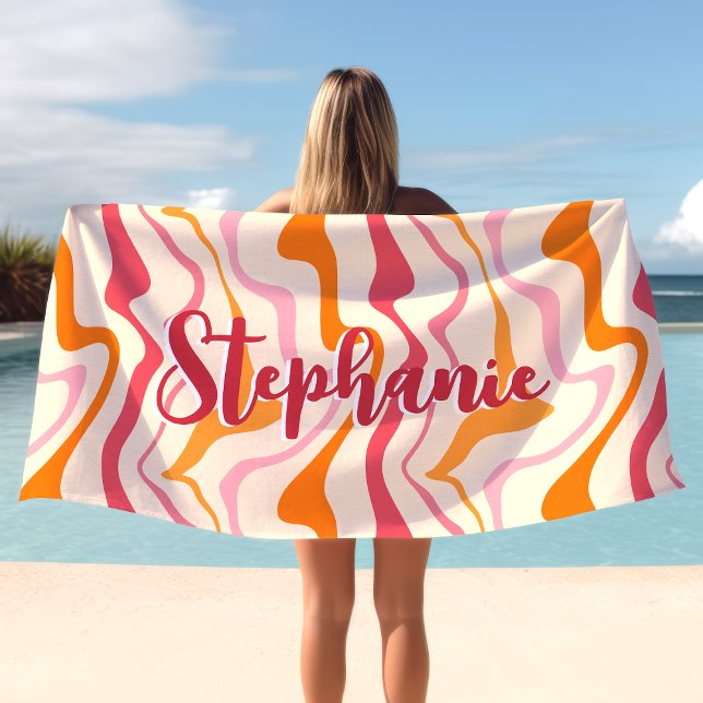 Retro Swirl Abstract Wave Pink Orange Custom Name Beach Towel (Creator Uploaded)