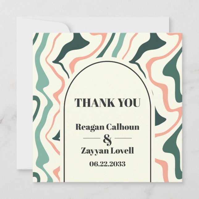 Retro Swirl Arch Mint Green And Pink Wedding Thank You Card (Front)