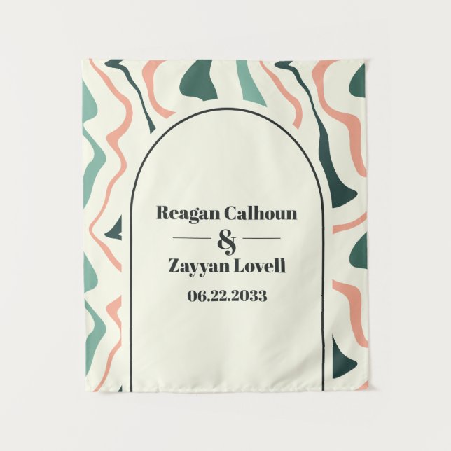 Retro Swirl Arch Mint Green Pink Wedding Backdrop Tapestry (Front)