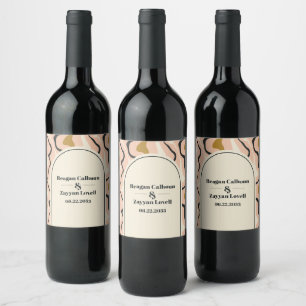 Retro Swirl Arch Pink Black Gold Wedding Wine Label
