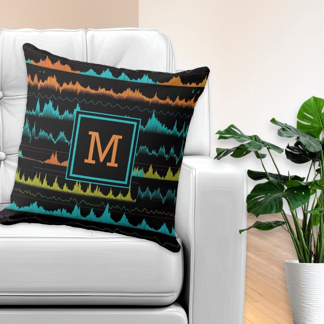 Retro Synthwave Abstract Sound Wave Pattern Cushion (A stylish monogrammed throw pillow with pattern in the style of audio sound waves)