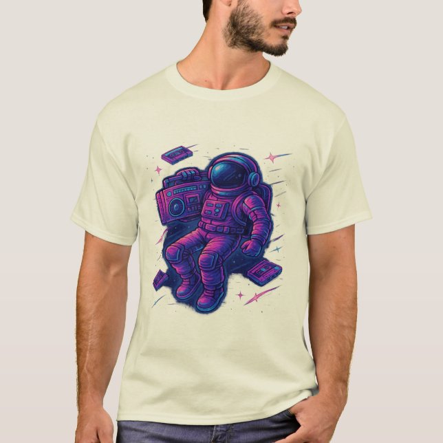 Retro Synthwave Astronaut with Boombox – 80s Space T-Shirt (Front)
