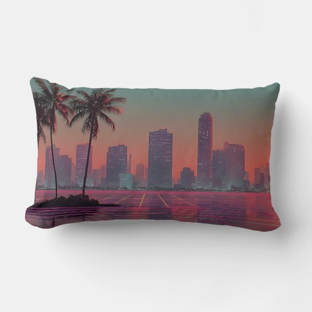 Retro Synthwave Cityscape Sunset Lumbar Cushion (Front)
