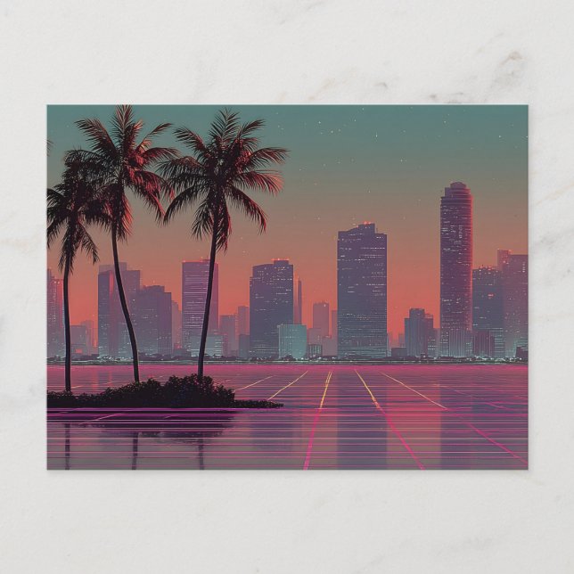 Retro Synthwave Cityscape Sunset Postcard (Front)