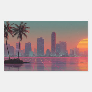 Retro Synthwave Cityscape Sunset Rectangular Sticker
