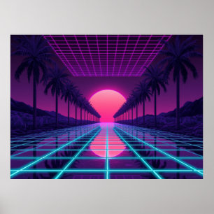 Retro Synthwave Horizon - Neon Grid & Palms Poster