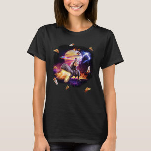 Retro Synthwave Laser Pizza Cat Riding Dinosaur T-Shirt