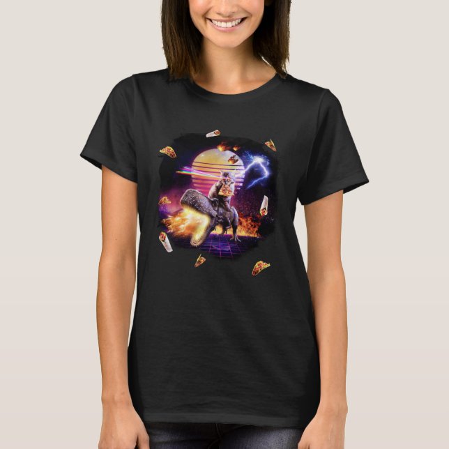 Retro Synthwave Laser Pizza Cat Riding Dinosaur T-Shirt (Front)