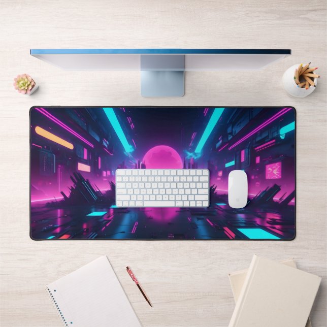 Retro Synthwave Neon Pink Sun Cyberpunk Gamer Desk Mat (Office 1)