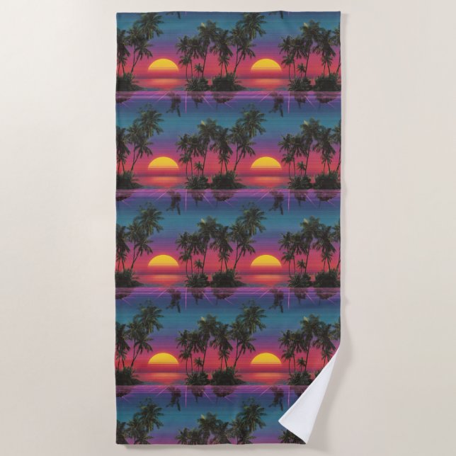 Retro Synthwave Palm Tree Sunset Pattern Beach Towel (Front)