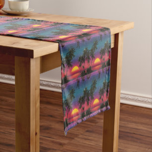 Retro Synthwave Palm Tree Sunset Pattern Short Table Runner