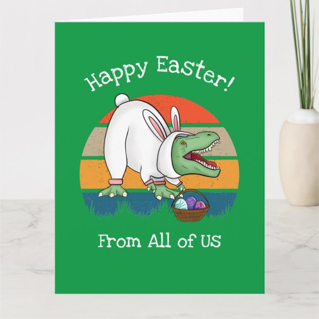 Retro T-Rex in Easter Bunny Costume Egg Hunt Card (Front)