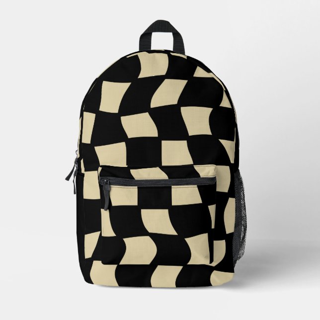 Retro Tan Wavy Check Printed Backpack (Front)