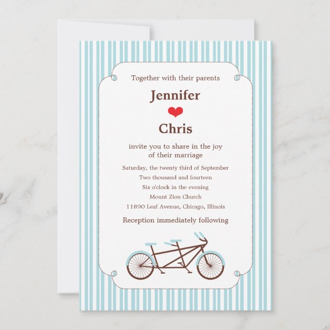 Retro Tandem Bicycle Blue & White Striped Wedding Invitation (Front)