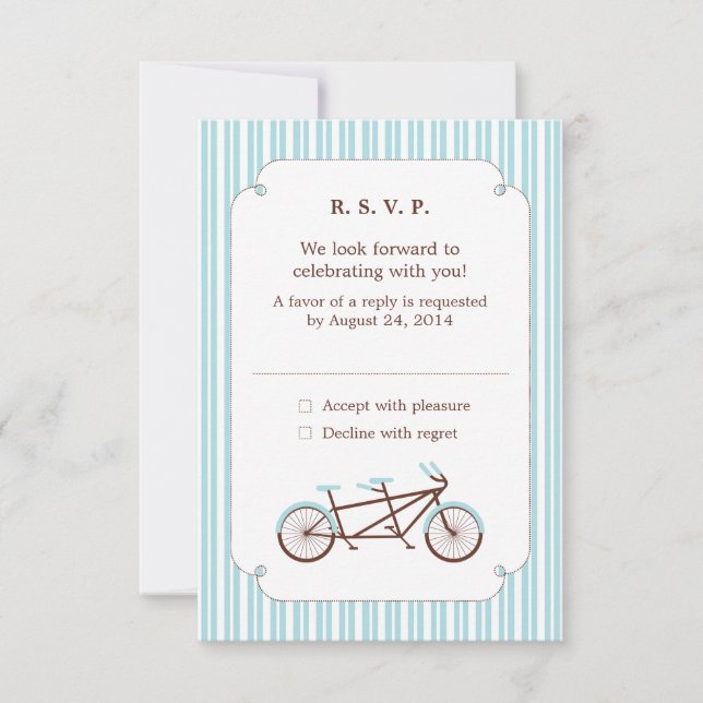 Retro Tandem Bicycle Blue & White Striped Wedding Invitation (Front)