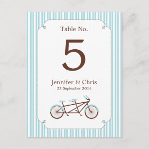 Retro Tandem Bicycle Blue & White Striped Wedding Postcard