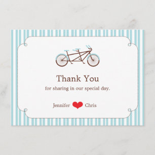 Retro Tandem Bicycle Blue & White Striped Wedding Thank You Card