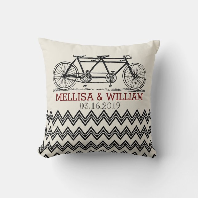 Retro Tandem Bicycle Zigzag Chevron Wedding Gift Cushion (Front)