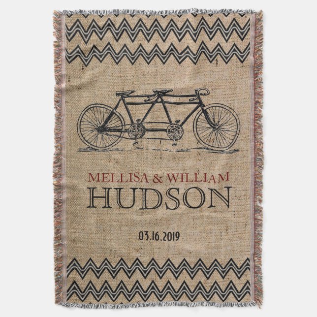 Retro Tandem Bicycle Zigzag Chevron Wedding Gift Throw Blanket (Front Vertical)