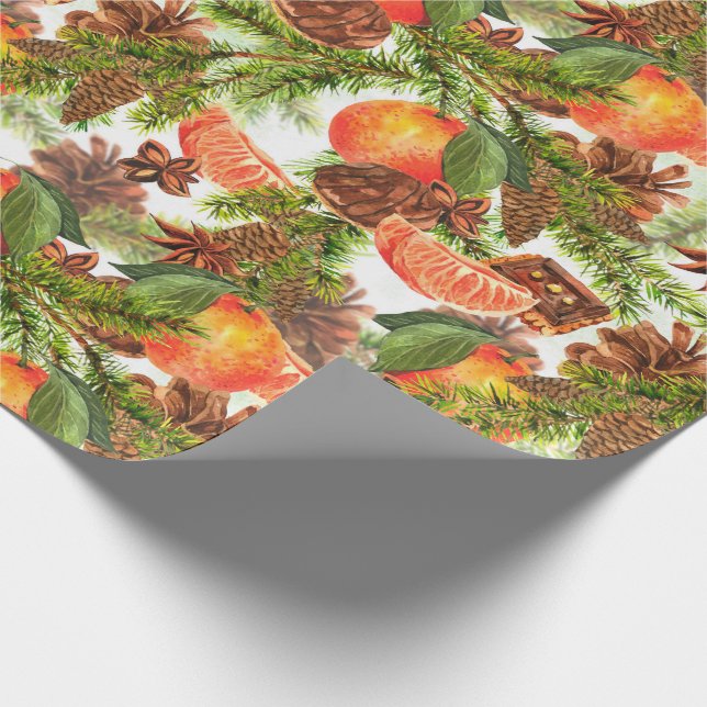 RETRO Tangerines Chocolate Cookie  Pine Christmas Wrapping Paper (Corner)