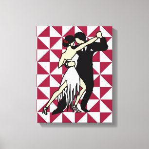 Retro Tango Dancers on Burgundy Geometric Canvas Print