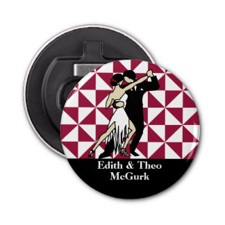 Retro Tango Dancers on Maroon Geometric Bottle Opener