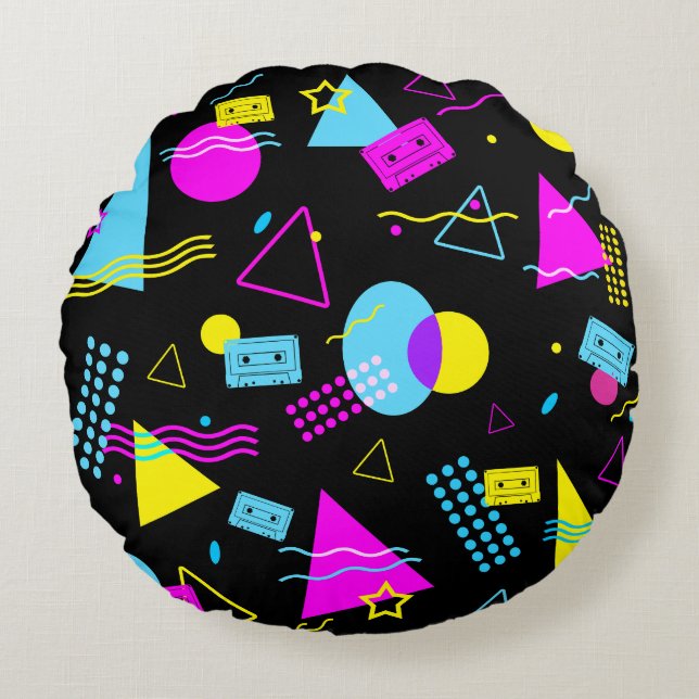 RETRO TAPE COLORFUL SHAPES  ROUND CUSHION (Front)