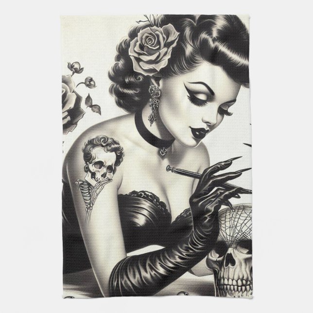 Retro Tattoed Goth Pin-up Tea Towel (Vertical)