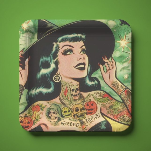Retro Tattoed Witch Comic Paper Plate (Creator Uploaded)