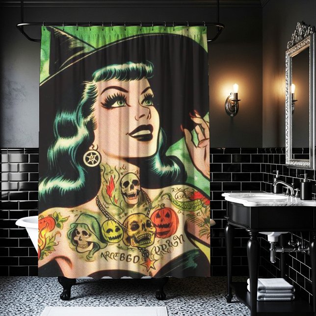 Retro Tattoed Witch Comic Shower Curtain (Creator Uploaded)