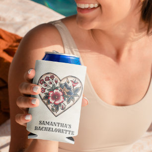 Retro Tattoo Heart Flowers Name Bachelorette Can Cooler