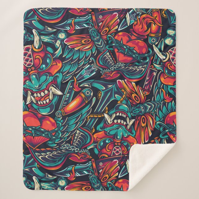 Retro Tattoo Pattern Sherpa Blanket (Front)