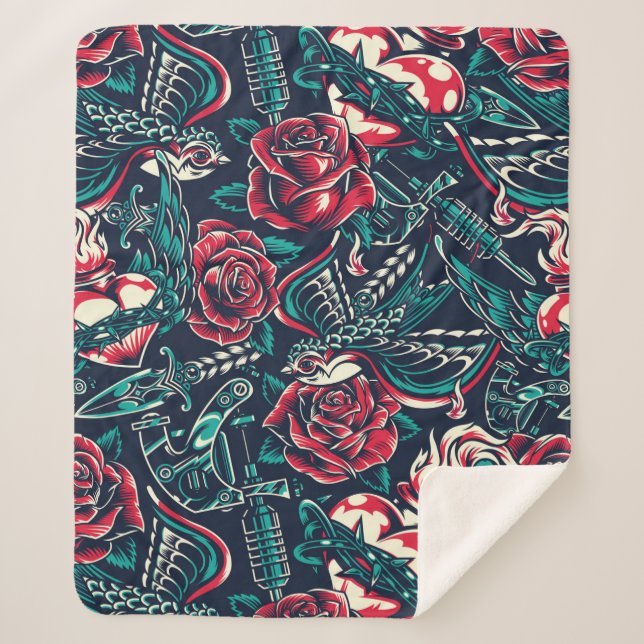 Retro Tattoo Pattern Sherpa Blanket (Front)