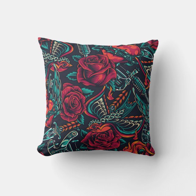 Retro Tattoo Pattern Throw Pillow (Front)