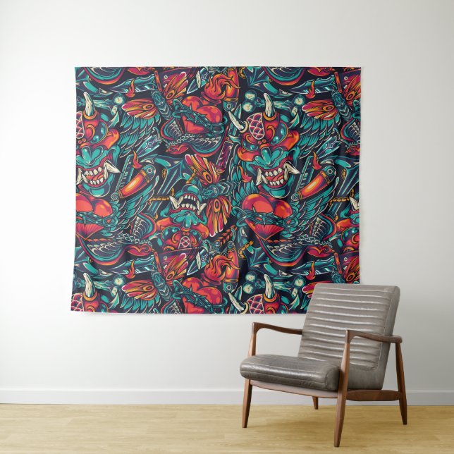 Retro Tattoo Themed Tapestry (In Situ (Horizontal))
