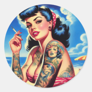Retro Tattooed Bikini Summer Pin-up Classic Round Sticker
