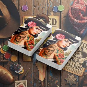 Retro Tattooed Country Woman Playing Cards