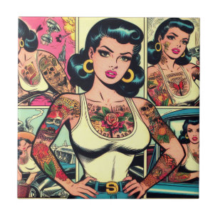 Retro Tattooed Pin-up Comics Tile
