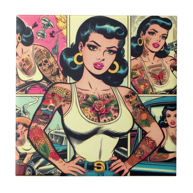 Retro Tattooed Pin-up Comics Tile (Front)